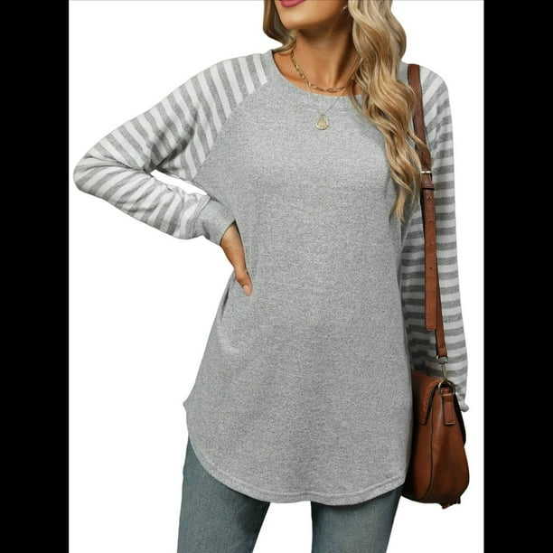 Blusas Tipo Túnica A Rayas para Mujer, Camisas Casuales de Larga, Jersey de Cuello Redondo. Gris XXL