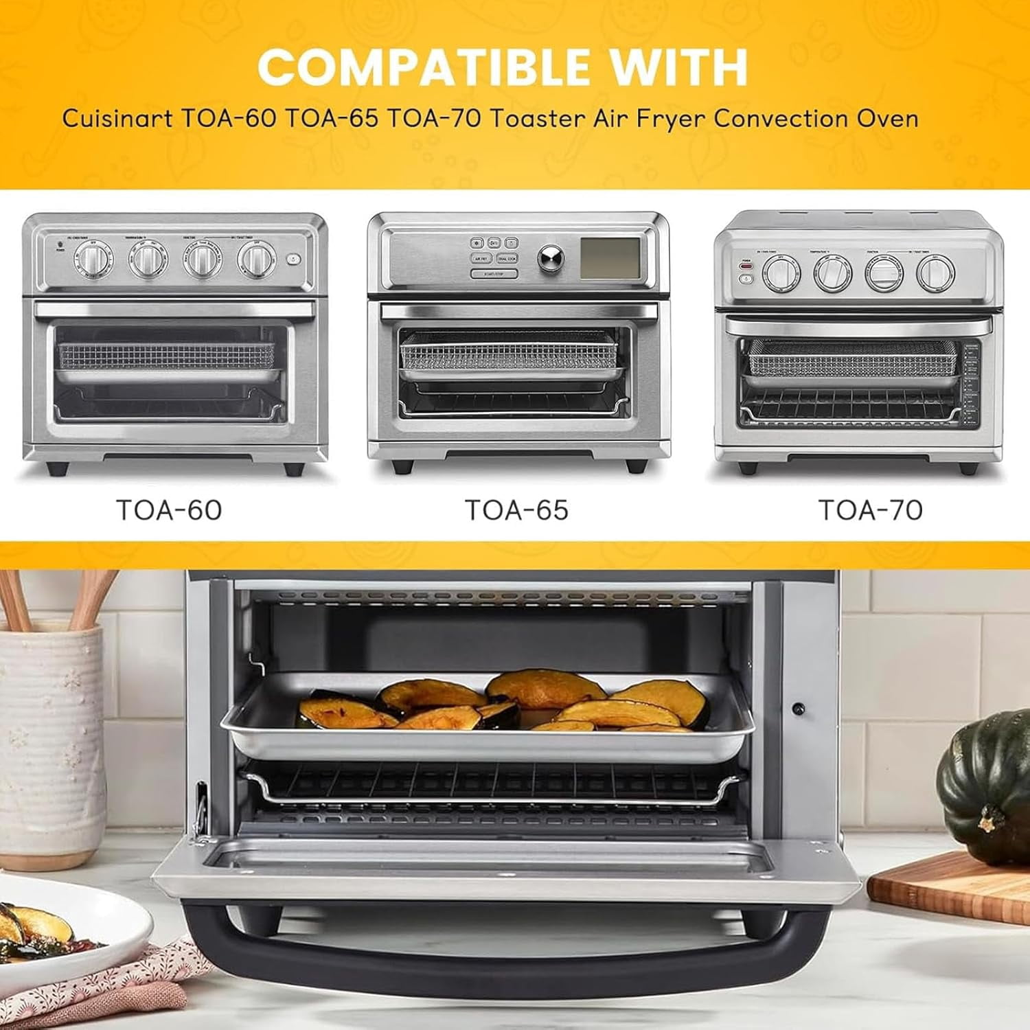 Air Fryer Tray Replacement for Cuisinart TOA-60 TOA-65 TOA-70 Toaster Air Fryer Convection Oven, 12.4 * 11''Mesh Air Fryer Steel Basket Wire Rack Accessories Parts, Dishwasher Safe