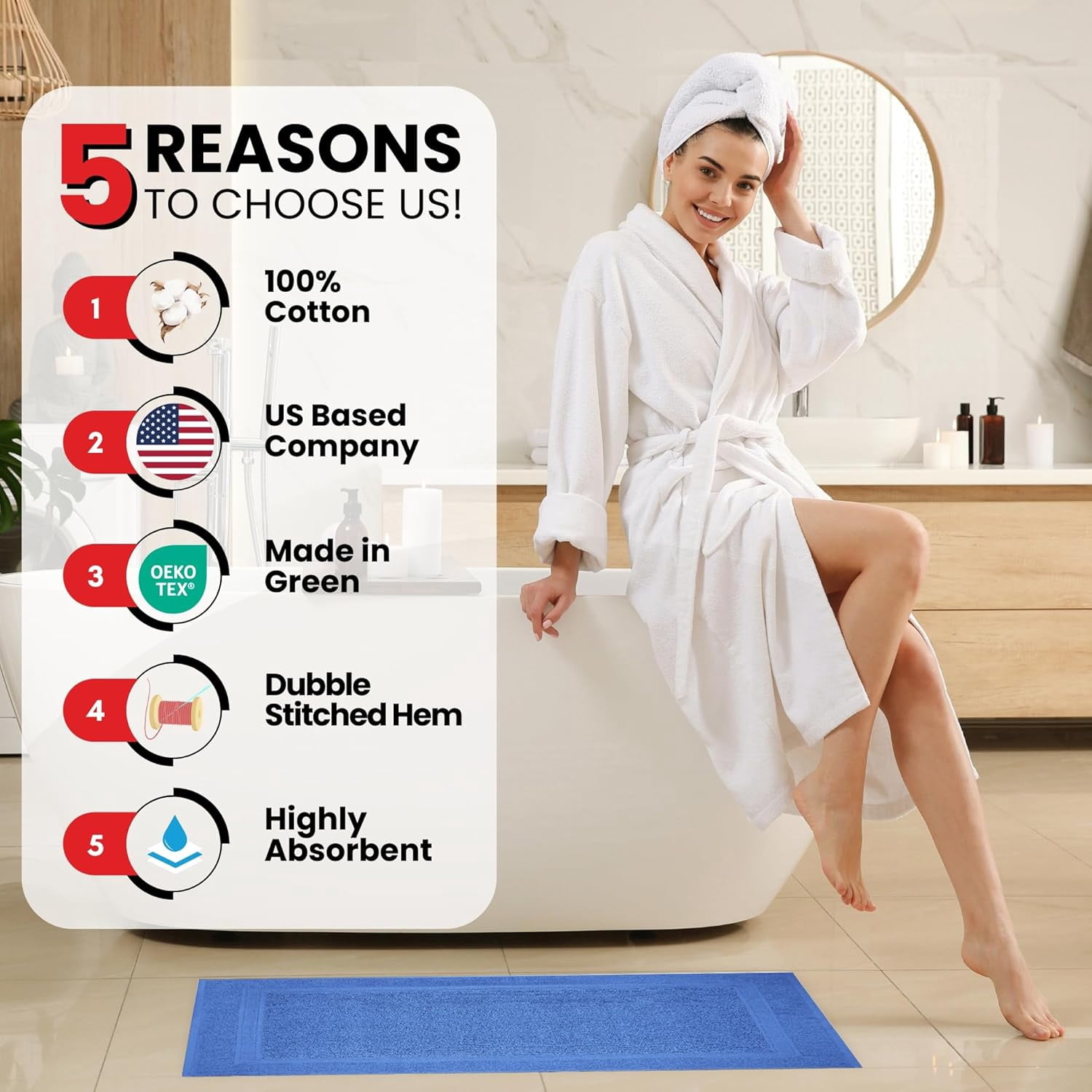 Premium Cotton Banded Blue Bath Mats Pack of 2, 22x34 inches [Not a Bathroom Rug] - Infinitee Xclusives