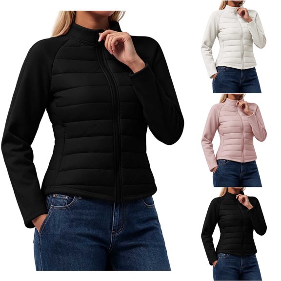 Zip up Jackets for Women Zaewscy Women's Solid Color Long Sleeve Warm Jacket Windproof Stand Collar Slim Outdoor Running Coat Black XS