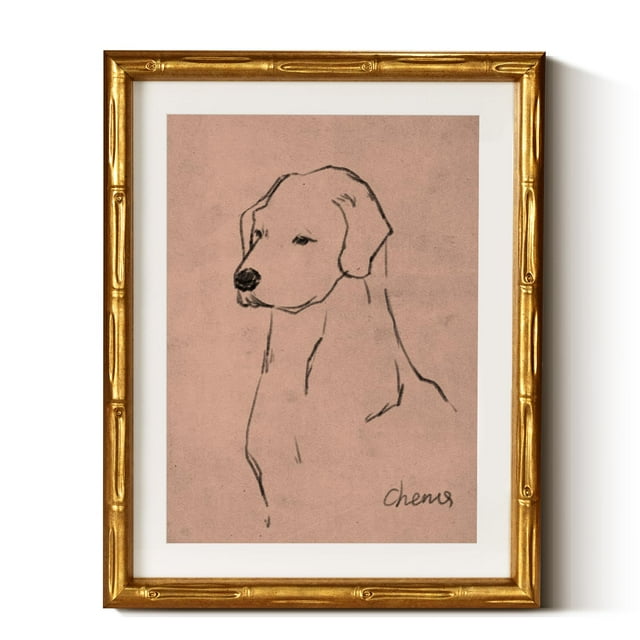 Cuadro de pared en Simsea Dog Sketch, marco de bambú dorado, 28 x 36 cm