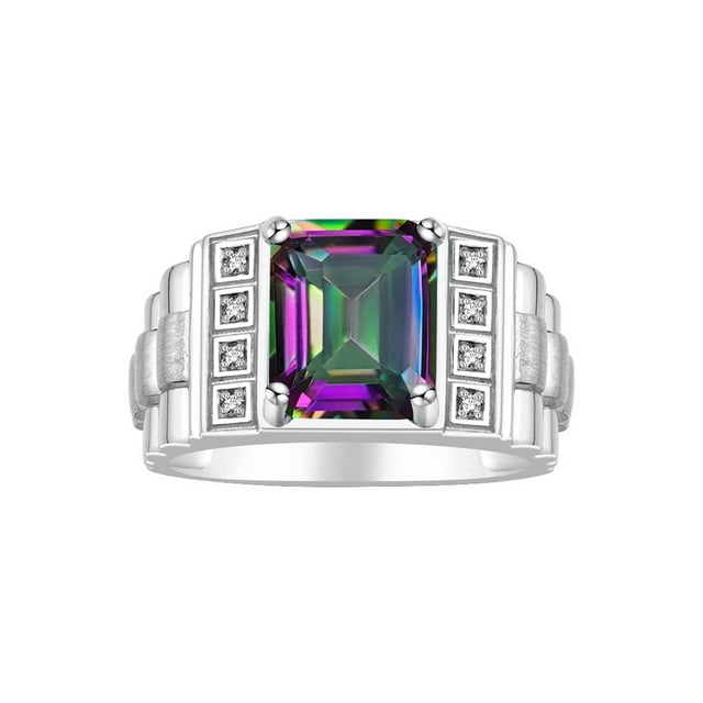 RYLOS Men's Rings Sterling Silver Designer Style 10X8MM Emerald Cut Shape Gemstone & Diamonds Alexandrite June Birthstone Rings For Men Size 9