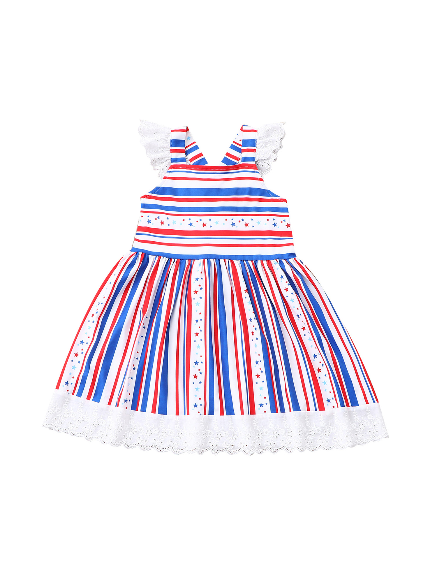 aturustex Patriotic Sleeveless Lace Trim Ruffle Independence Day Dress Toddler Girls 4th of July