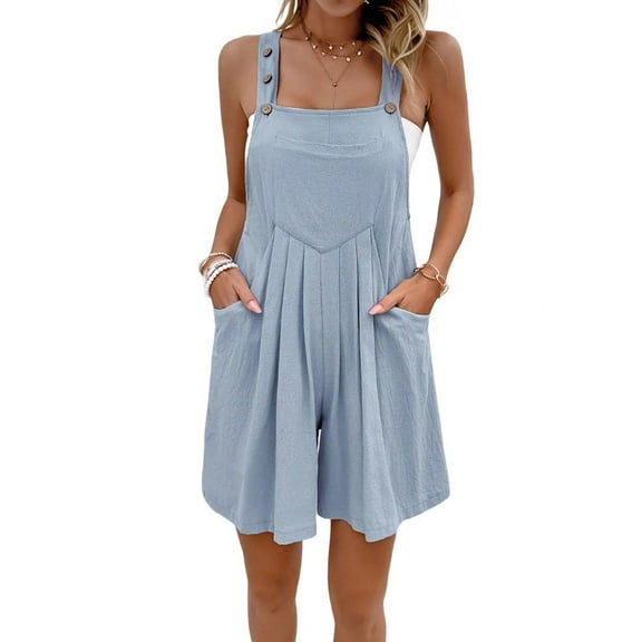 Osfvolr Solid Color Short Overalls  Blue L