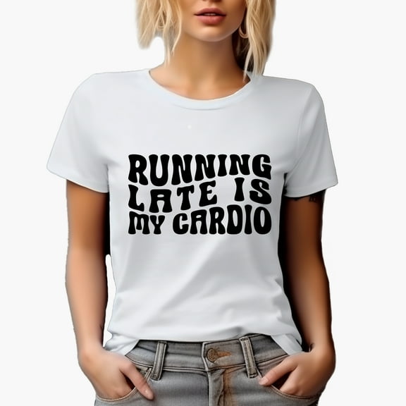 Funny Running Late Is My Cardio, Latecomer Work Out Quote, Groovy Retro Wavy Text Merch Gift, White T-Shirt, Small