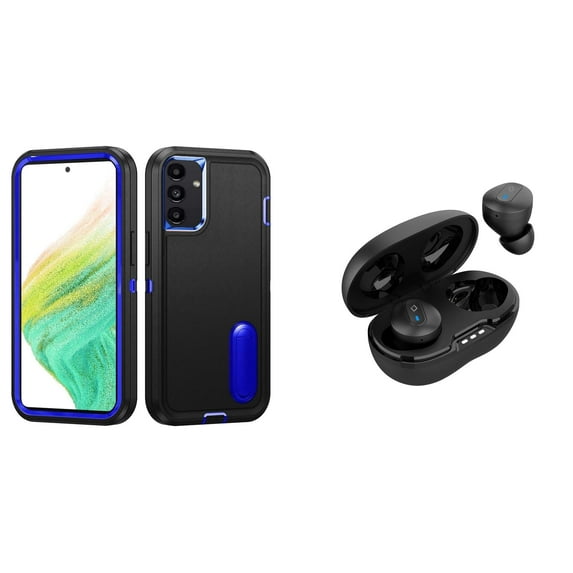 BD Tough Rugged Cover Designed for Samsung Galaxy A54 5G Case - (Black/Blue) Impact Resistant Hybrid Protector Stand Case with Noise-Cancelling Wireless Earbuds with Charging Case