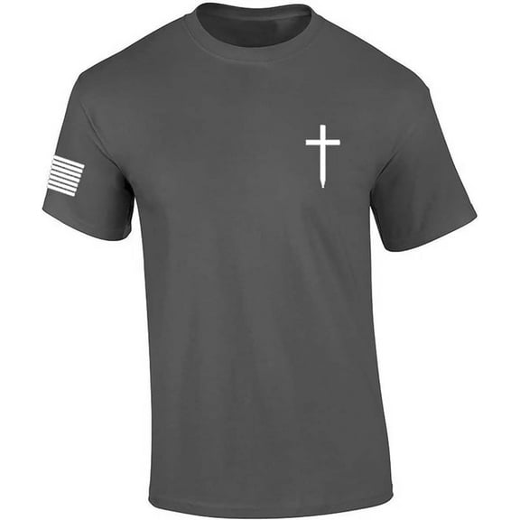 Mens Christian Shirt Faith Cross Crest American Flag Sleeve T-shirt Graphic Tee-Charcoal-5xl