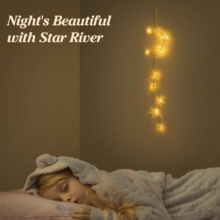 Lewondr Hanging Light Rattan Moon Star Fairy Lights Indoor Decorative Lights Window Light Battery Operated Star Lights for Children s Room Bedroom