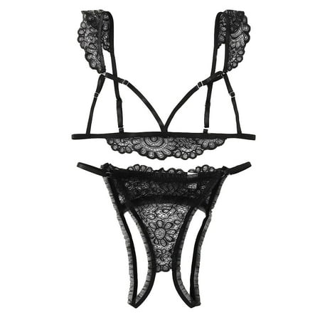 Youmylove New Women Plus Size Lace Lingerie Bra+Thong Underwear Set Black Sleepwear Fantasy Elegant Bridal Lingeries