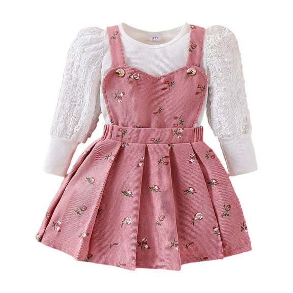 WOYY Toddler Girls Outfits Puff Sleeve Shirt Blouse Floral Jumper Dress Set, Sizes 2-3T