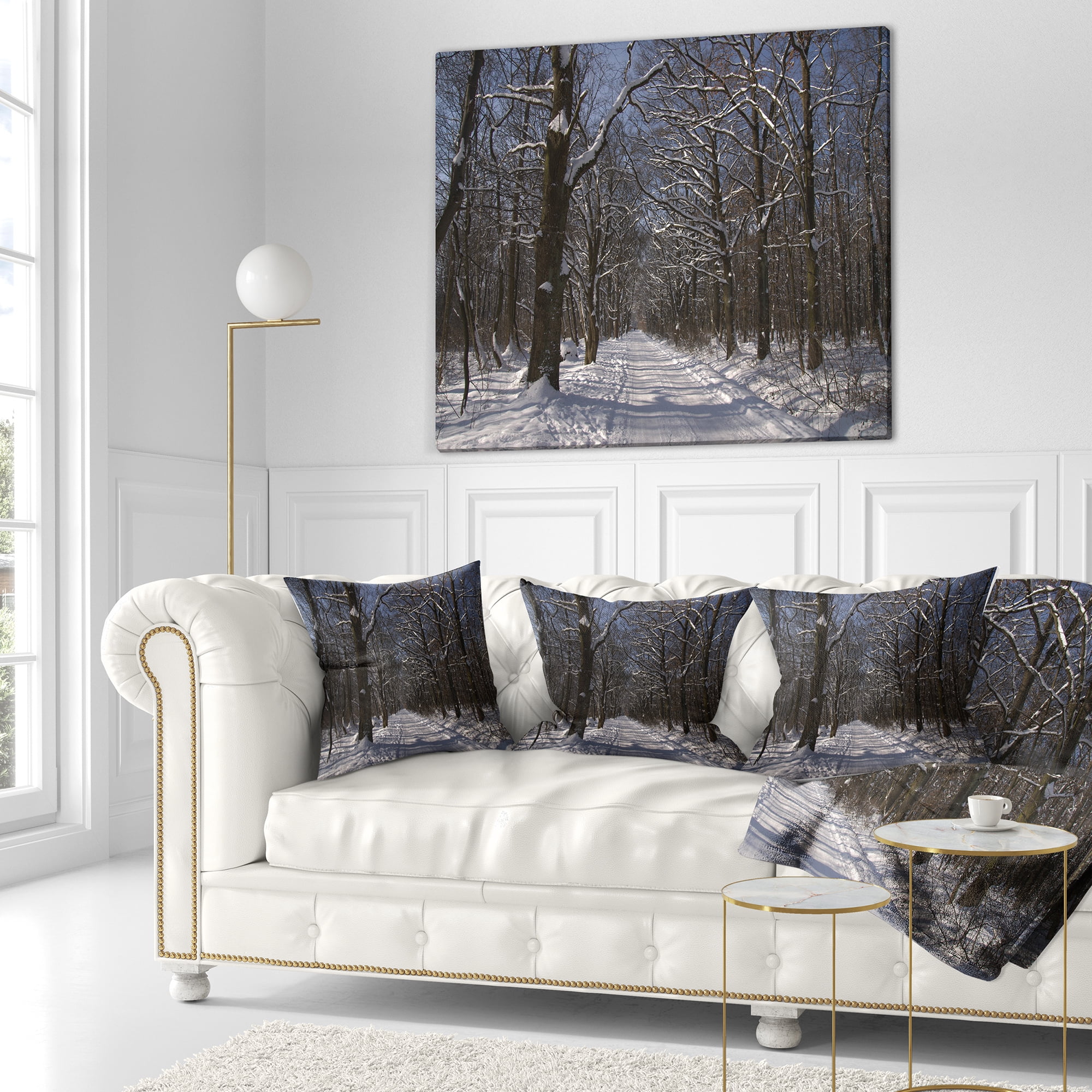 Designart Path on Sunny Winter Day in Park - Modern Forest Throw Pillow - 18x18
