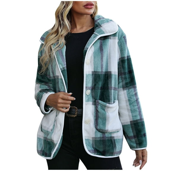 JGGSPWM Womens Plaid Button Down Fleece Hooded Jacket Coat Lightweight Pullover Tops Fall Coat Long Sleeve Lapel V Neck Outwear Green L