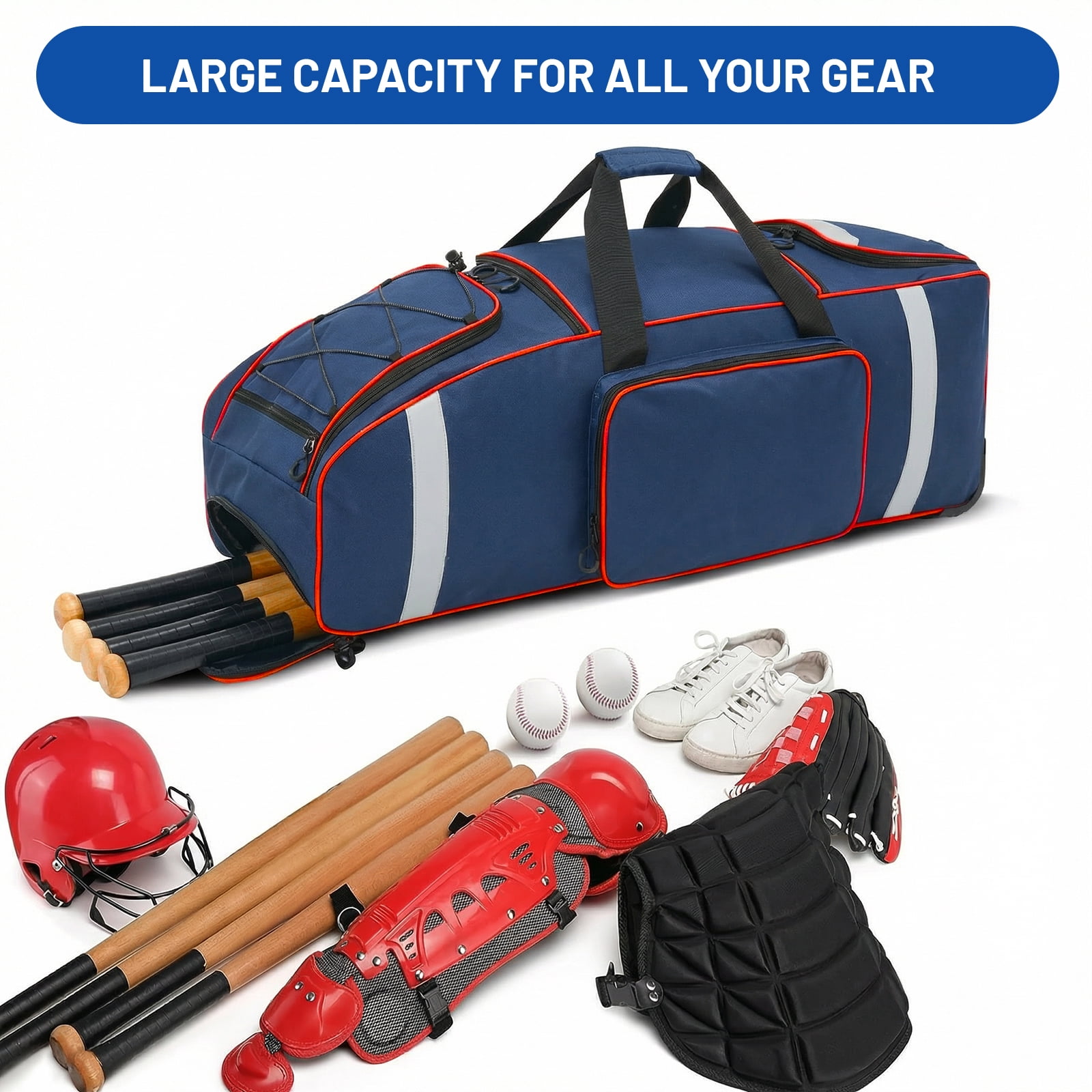 Fegat Large Catcher Gear Bag With Wheels, Soft Rolling Baseball Bag for 4 Bats, Portable Baseball Catcher Bag With Wheels, Multi-Pockets, Fence Hook, Holds All Softball Baseball Equipment