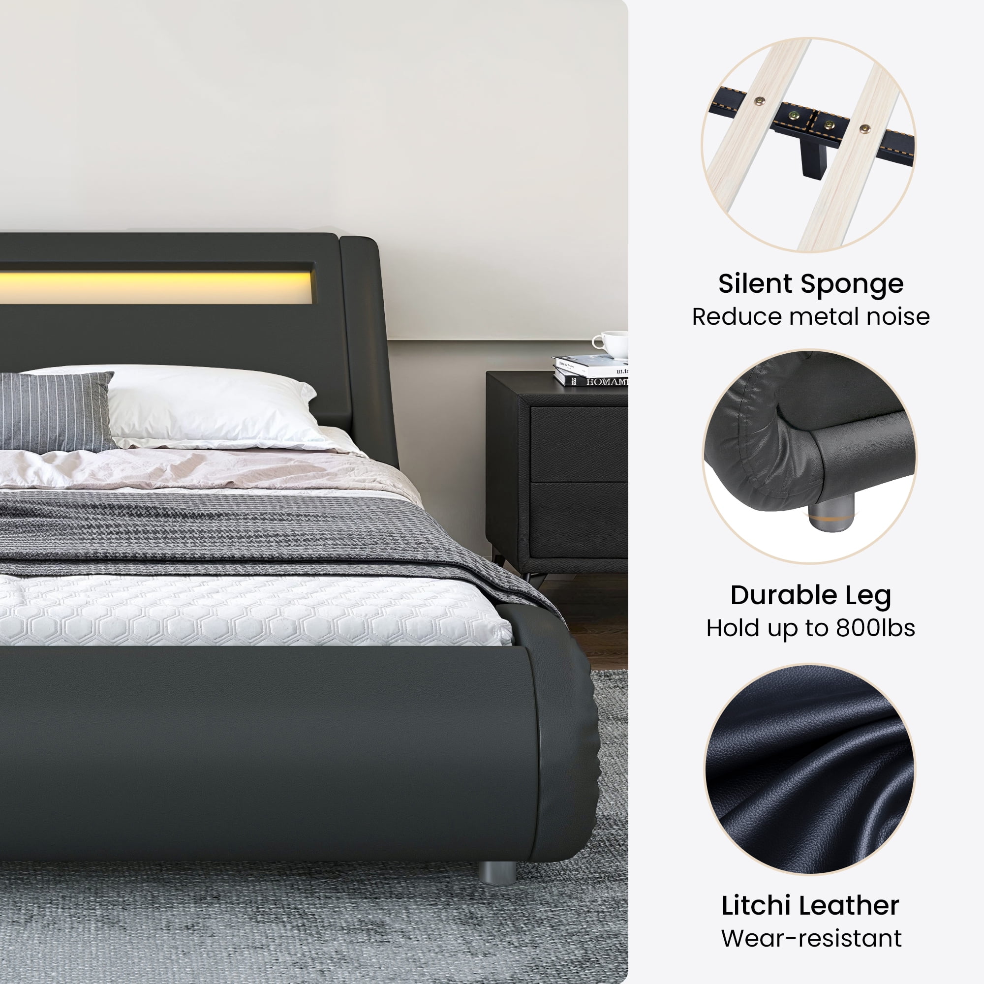 Sha Cerlin King Size Wave-Like Curve PU Leather Platform Bed Frame with Adjustable Headboard and LED Lights, Dark Grey