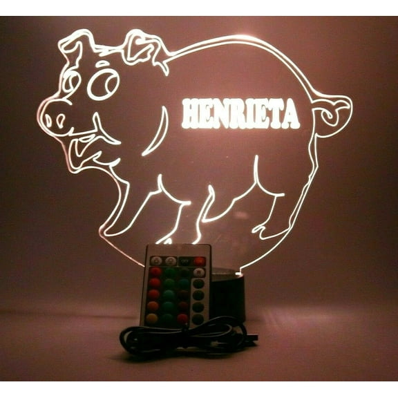 Pig Swine Hog Piggy Night Light Up Lamp LED Free Engraved Custom Name Personalized Table Lamp, with Remote, 16 Different Color Options, Dimmer, It's Wow, Great Gift