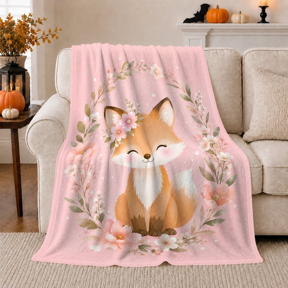 Woodland Fox Scene Forest Animals Under Moon Mystical Fantasy Art Wildlife Lovers Moonlit Forest Animal Motif Warm Flannel Blanket, Housewarming Gift for Cabin and Bedroom Home Decor