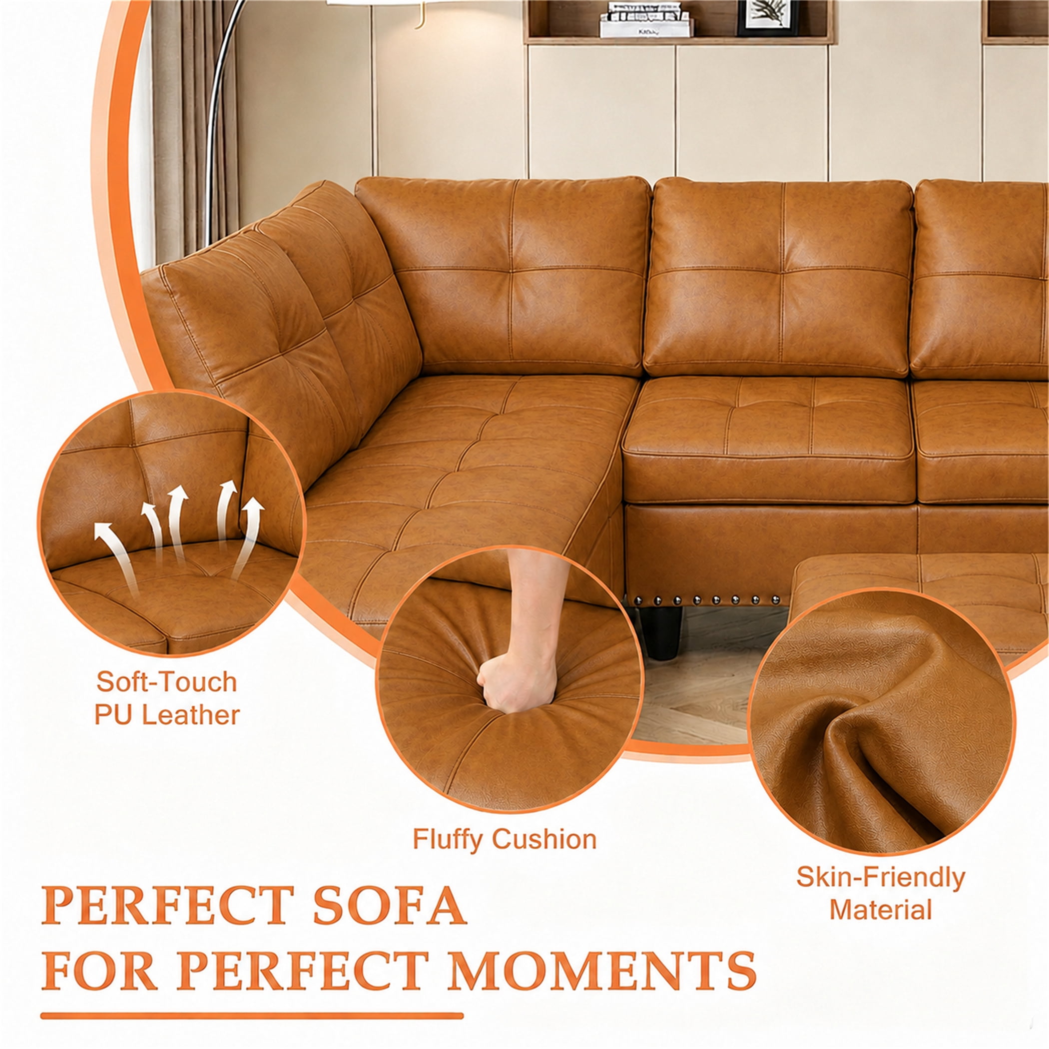 Aukfa 98" L Shaped Sectional Couch with Cup Holder Console, Tufted Back&Nailhead Trim, Oversized Left Chaise Leather Sofa for Living Room, Ginger
