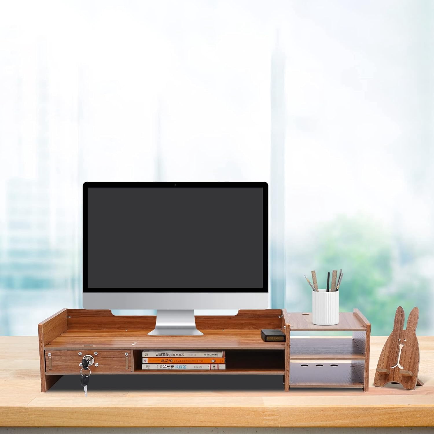 YIYIBYUS Computer Monitor Stand Riser Desk Laptop Organizer Stand with Drawer Desktop Storage Organizer Shelf for Office, Home Computers PC Monitors