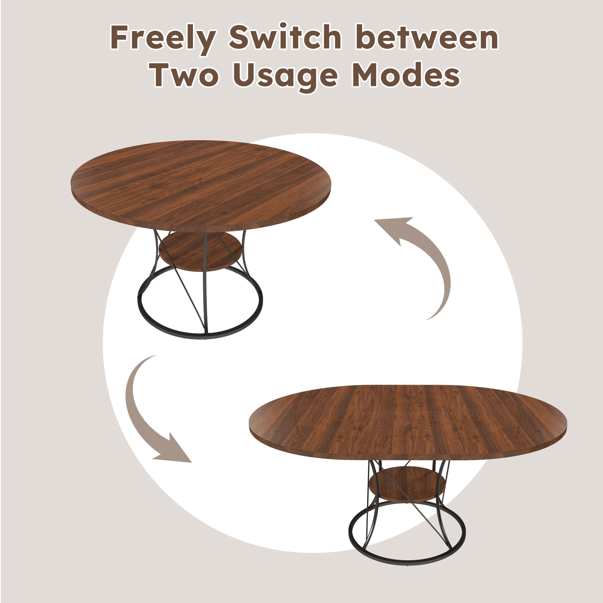 Alvantor Extendable Round Dining Table for 4-6 People, Modern Wood Farmhouse Table with Storage Shelf & Metal Base Perfect for Small Space Walnut