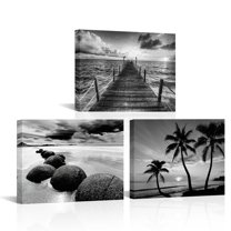 Visual Art Decor Black and White Coastal Canvas Beach Palm Tree Wall Art Modern Ocean Pictures Bathroom Seascape Canvas Print 3 Pieces Framed Living Room Bedroom Home Office Decorations