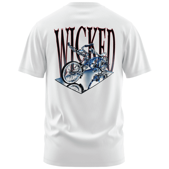 Rollin Hard men's Wicked Bike white classic fit front and back print graphic tee shirt