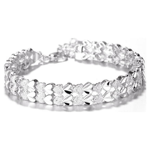 18K White Gold Plated Diamond Cut Two Row Heart Bracelet