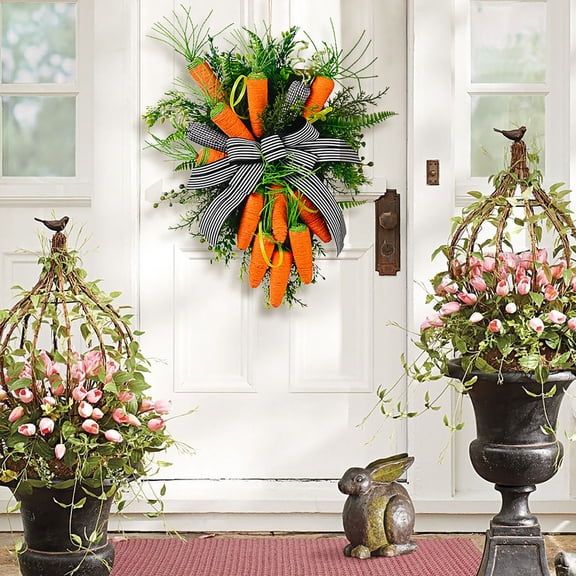 Easter Carrot Decorations Spring Easter Wreath 19.6in Easter Carrot Bows Easter Door Hangers Front Door Wall Decoration Scene Arrangement Decoration Props