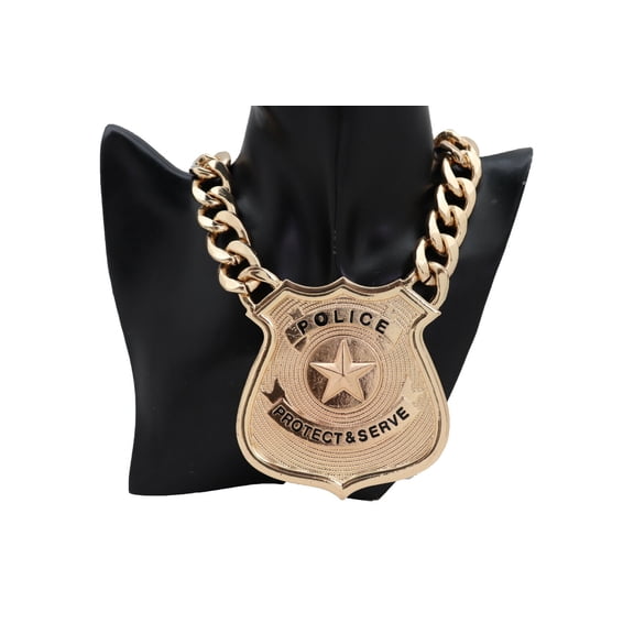 Women Fashion Heavy Gold Metal Chain Necklace Police Badge Charm Protect Serve