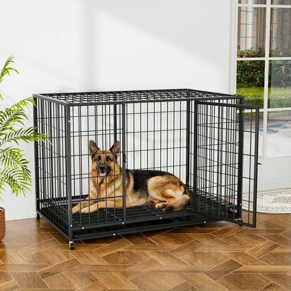 YOKWOK 48" Metal Wire Dog Crate for Large Dogs with Tray, Double Door, Dog Cage for Yard Indoor Outdoor Use,XL Dog Cage Kennel, Black