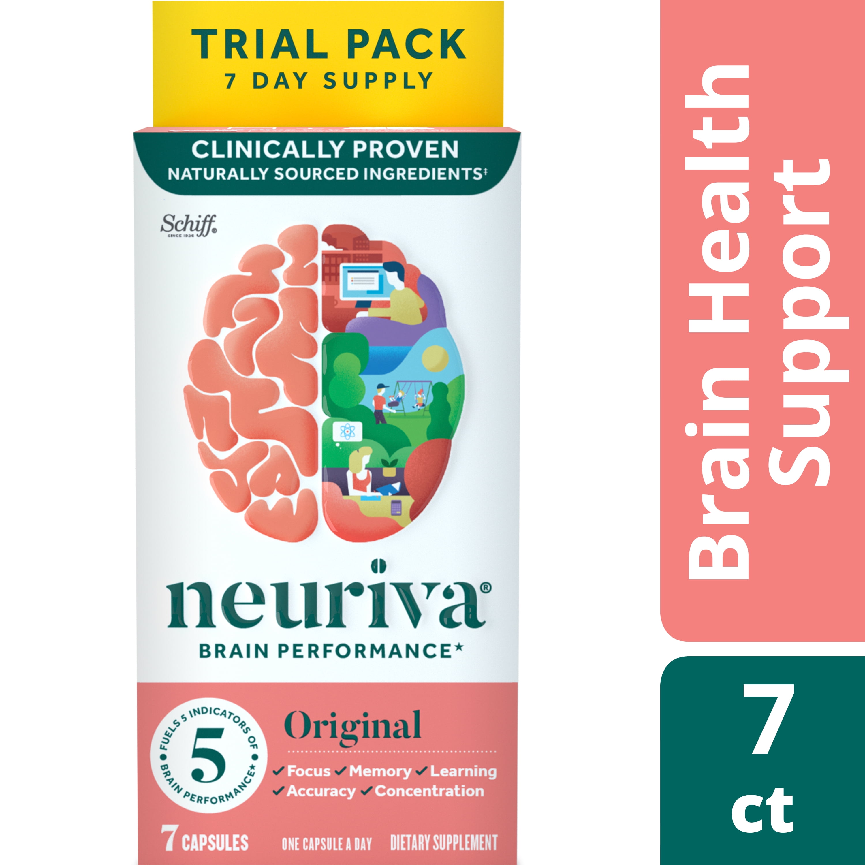 Neuriva Original Brain Performance Supplement (7 count), Brain Support With Clinically Proven Natural Ingredients (Coffee Cherry & Plant Sourced Phosphatidylserine)