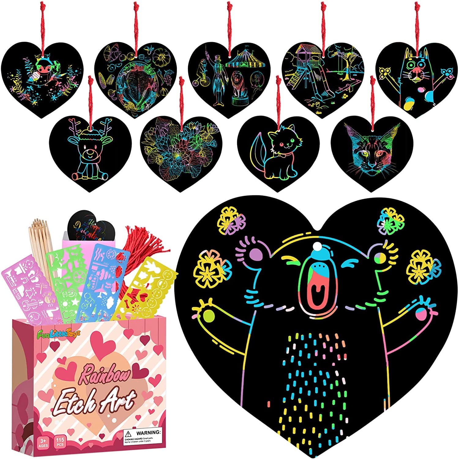 28 Pieces Valentines Crafts for Kids,Rainbow Scratch Paper Ornaments,Heart Shape Scratch Craft Art Kit for Class Valentines DIY Art Activity,School