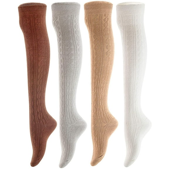 Lian Life Style Women's 4 Pairs Adorable, Fashionable, Ultra-Soft Thigh High Natural Cotton Socks LW1024 Size 6-9 (Random Color)