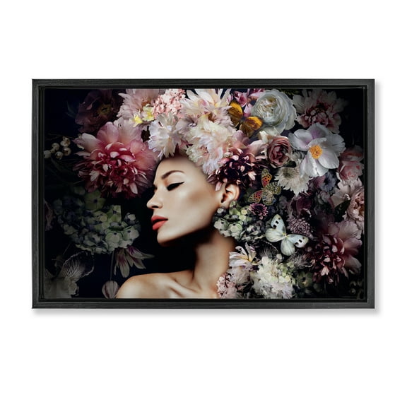 Stupell Industries Nature Florals Female Portrait Plants & Flowers Painting Black Floater Framed Canvas Art Print Wall Art, 25 x 17