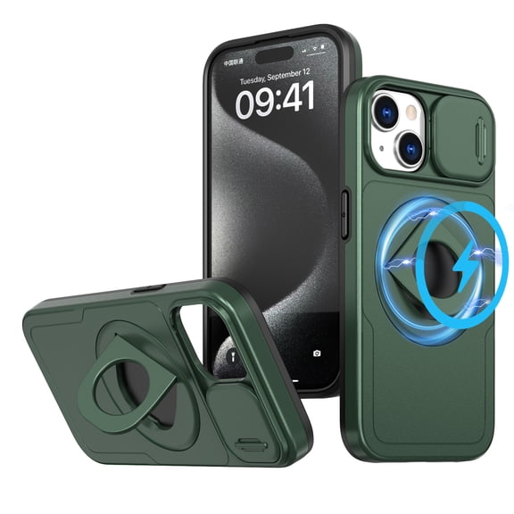 for iPhone 14 Case with Sliding Camera Cover, Compatible with MagSafe Built-in 360° Rotatable Invisible Kickstand Military Grade Shockproof Protective Magnetic Phone Case, Darkgreen