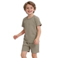thumbnail image 2 of CPNG Girls and Boys 2 Piece Short Set Kids Summer Outfit Solid Color Short Sleeve T-shirt Elastic Waist Shorts Set(Khaki,18-24 Months), 2 of 7