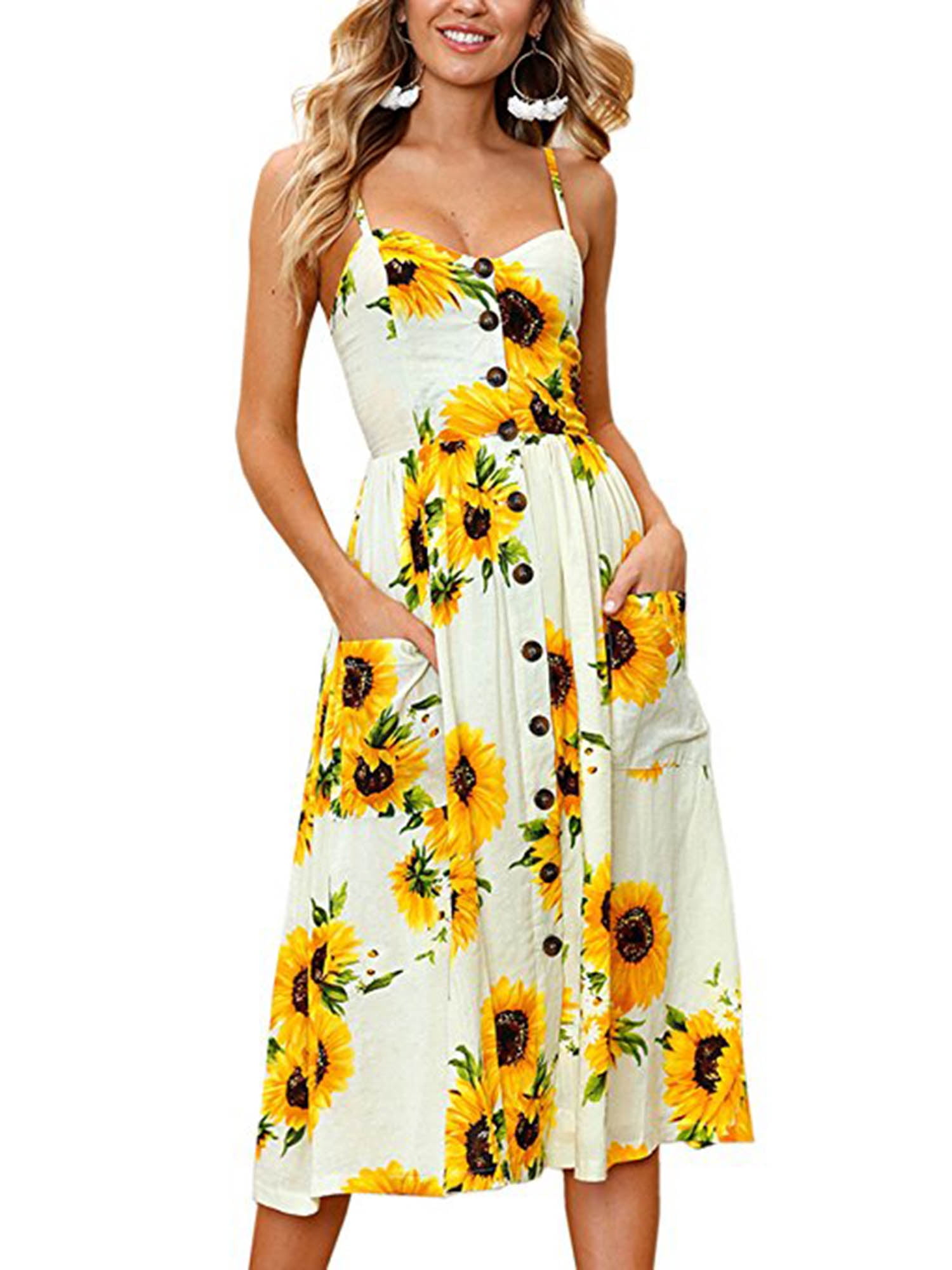 Womens Casual Sleeveless Dresses Leopard Sunflower Print O Neck Tunic Tank Dress Beach Boho Hollow Slim Mini Sundress