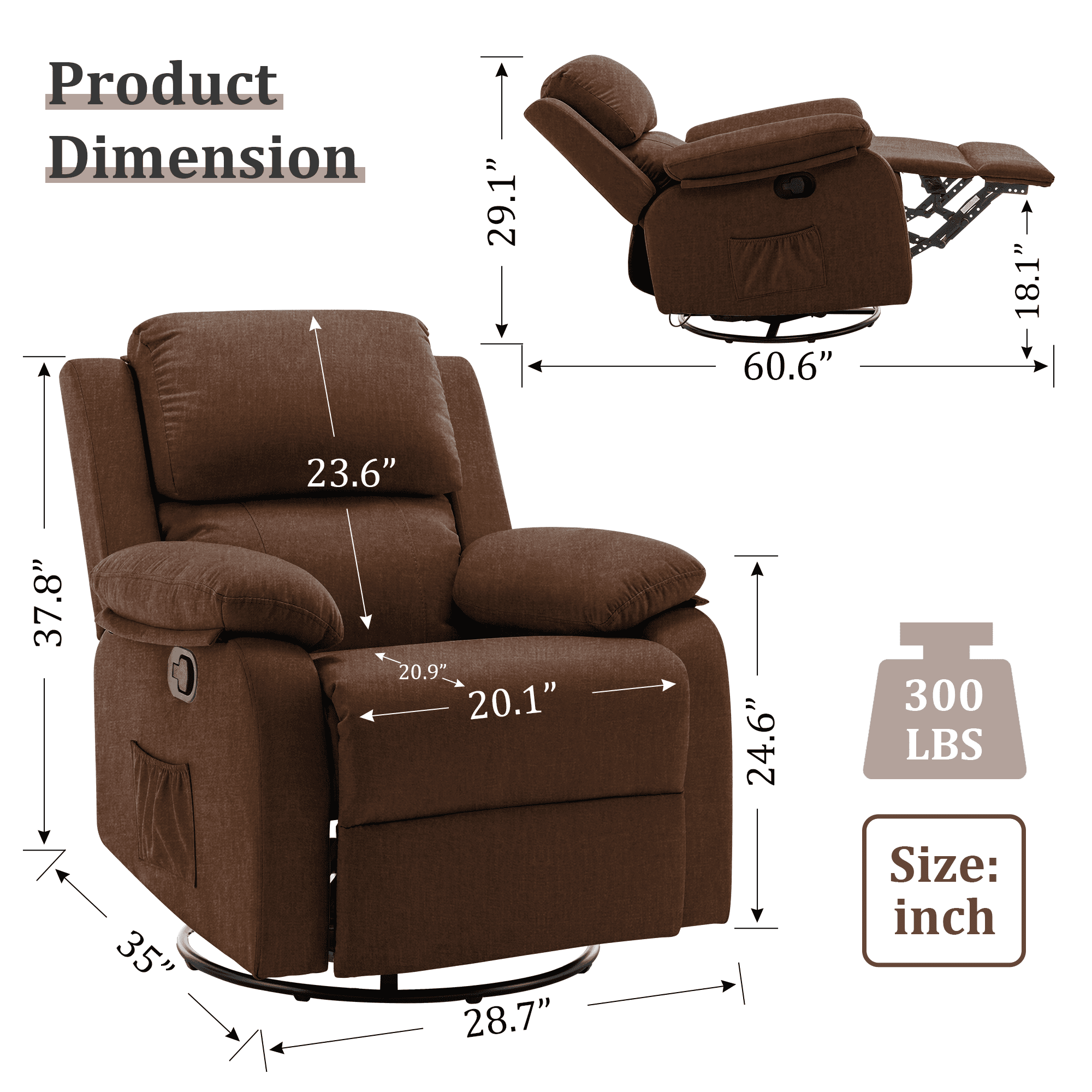Korser Swivel Rocker Small Recliner Chair for Small Spaces for Living Room,Nursery,Brown