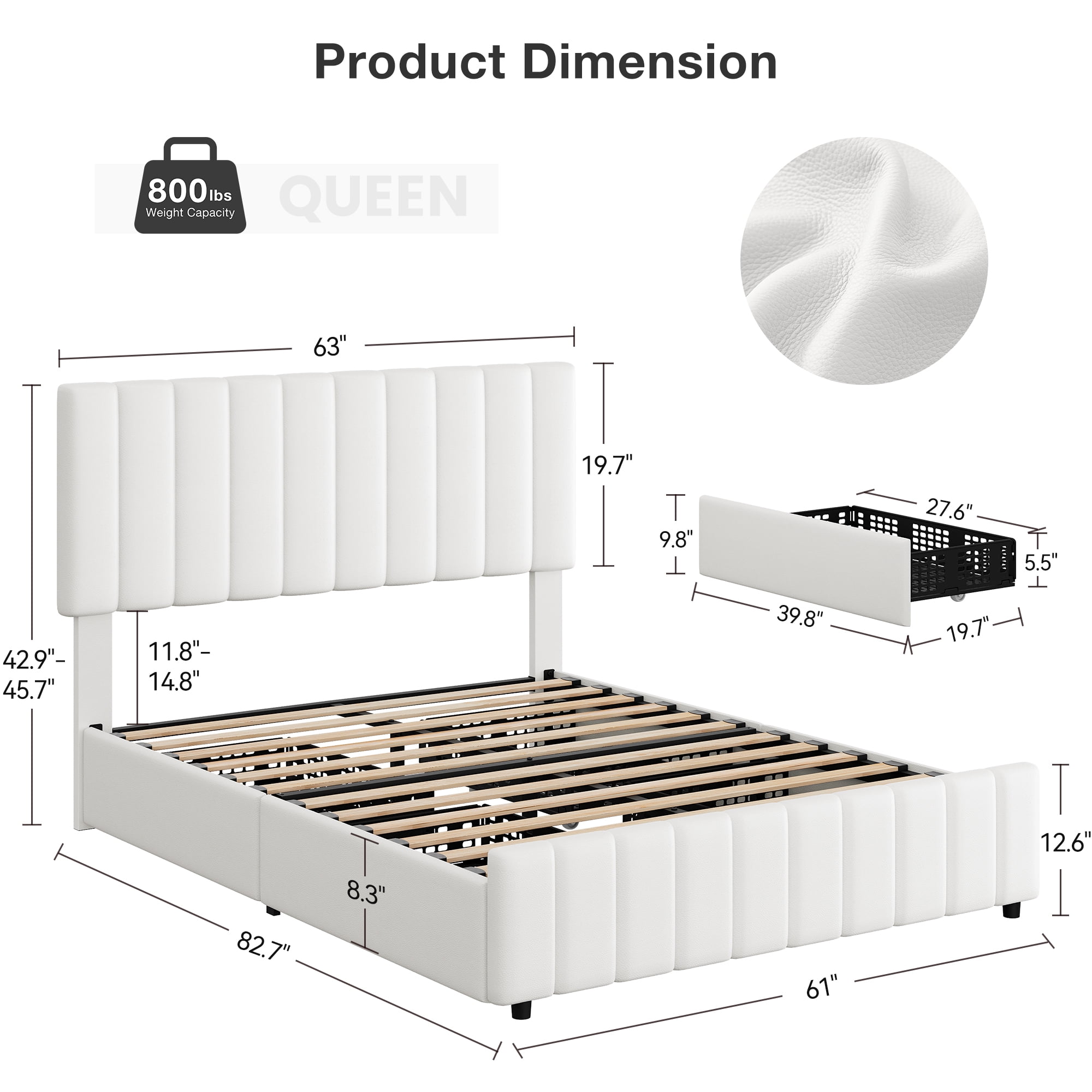 Hetoy Queen Size Bed Frame with 4 Storage Drawers and Adjustable Headboard, Linen Upholstered Platform Bed Frame with Wooden Slats Support, No Box Spring Needed, White