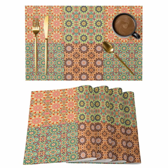 Placemats 1 Pack, Abstract Floral Woven Placemat, Linen Place Mats for Kitchen/Dining Tables, Vintage Ethnic Tribe Abstract Art Washable Table Mats for Party