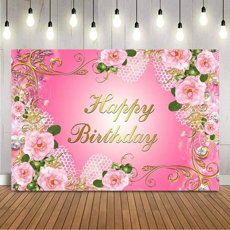 Image of Pink Floral Birthday Backdrop Sweet 16 Women 30th 40th 50th 60th Birthday Party Decoration Supplies Photocall Flowers
