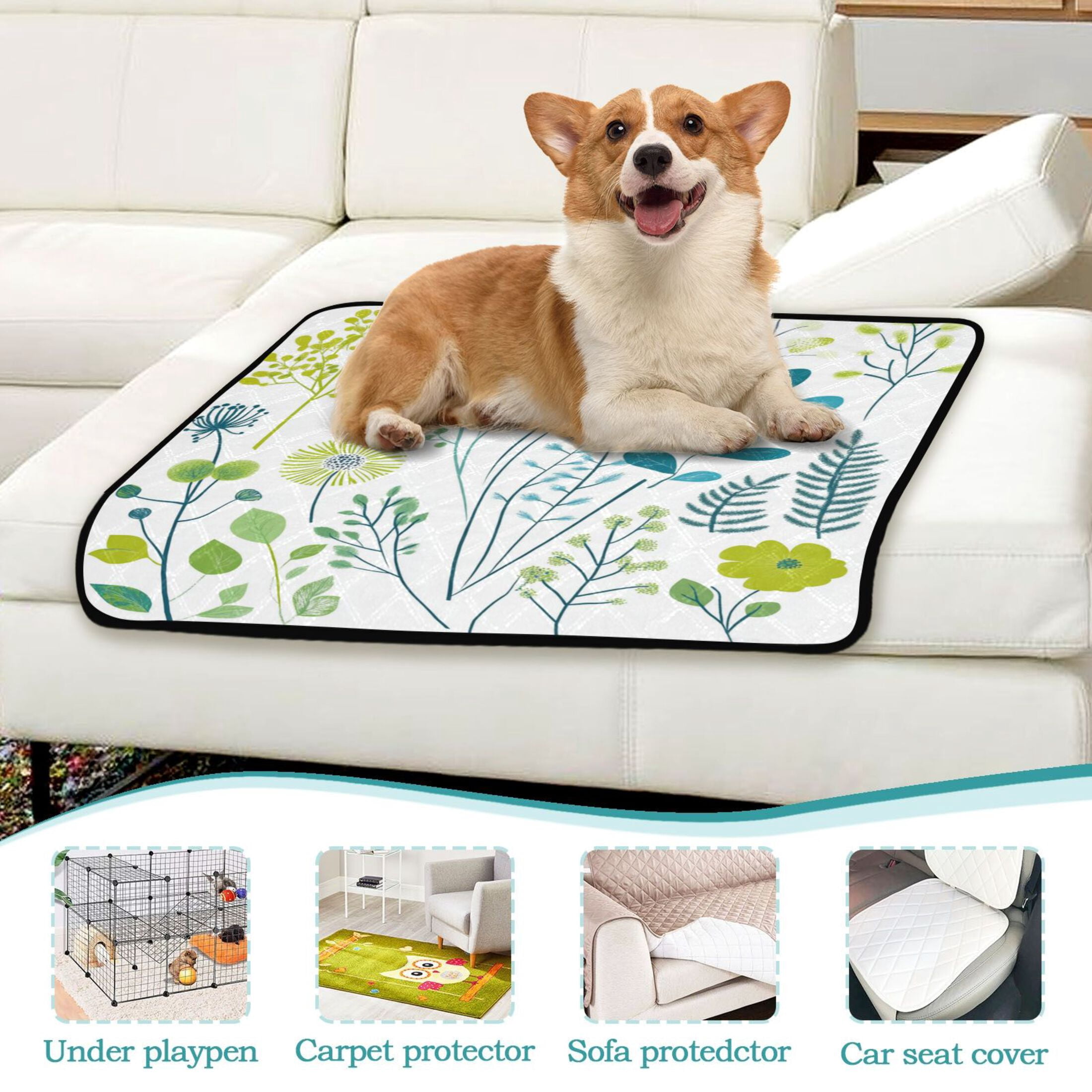 Washable Pet Pee Pads with Super Absorbent Reusable Training Pads for Dogs & Cats Blue-green Plants