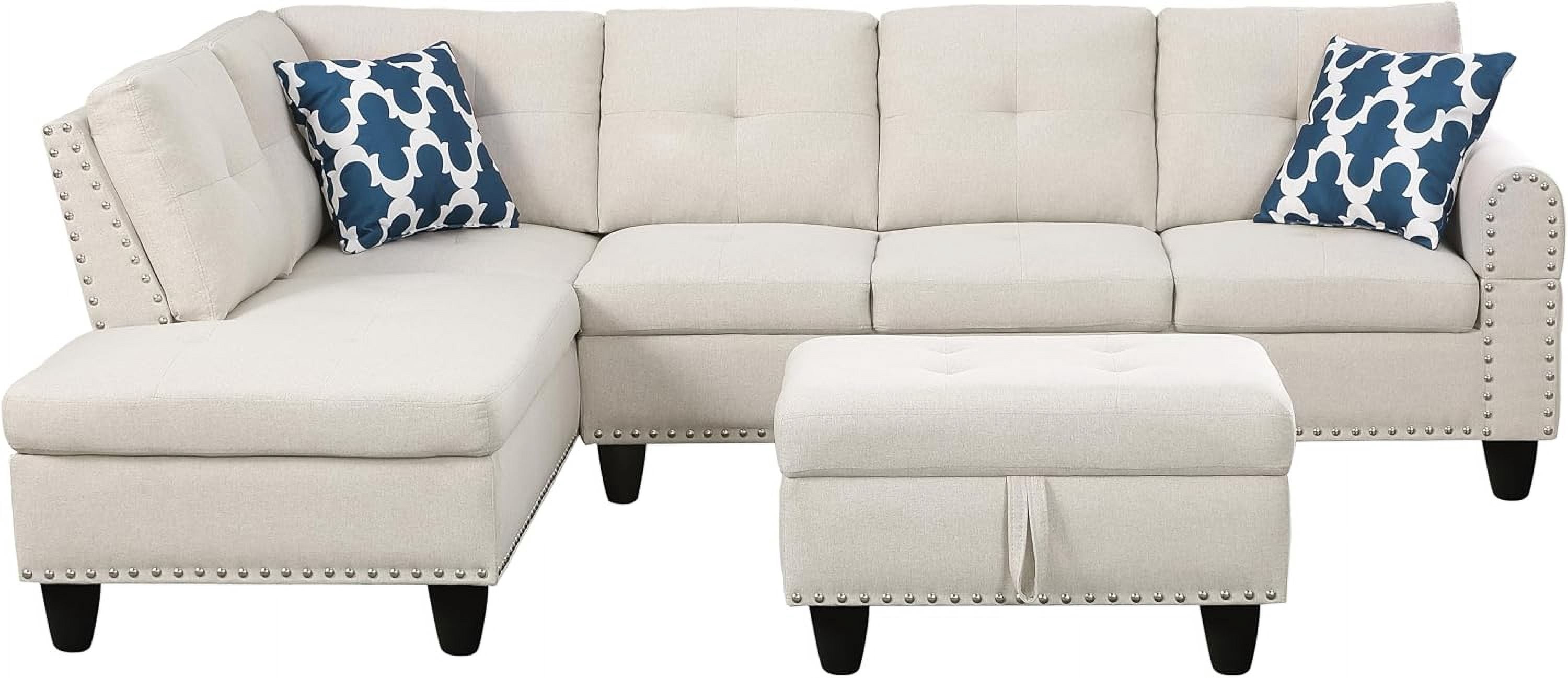 Howcool L Shaped Sectional Sofa, 4 Seater Couch with Chaise Lounge, Storage Ottoman, Cup Holders and Pillows, Modern Linen Fabric Couch for Living Room, Beige