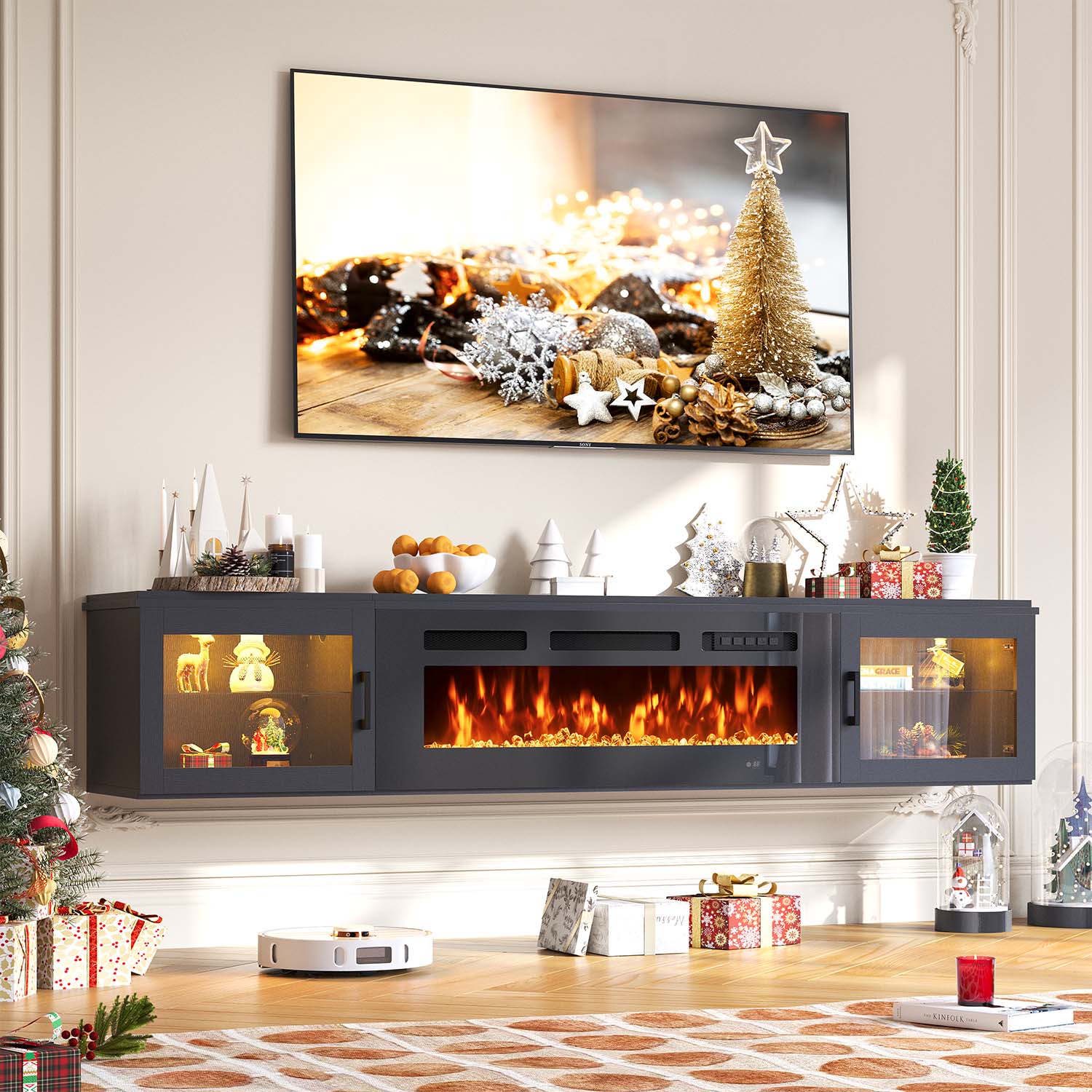 BaPiPro 70" Floating TV Stand with 36" Electric Fireplace, Black photo 1