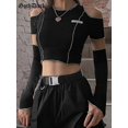 thumbnail image 1 of Camisetas negras de retazos estilo gótico e-girl oscuro, tops cortos góticos con hombros descubiertos y dobladillo con volantes, ropa técnica de hip hop para mujer, 1 of 6