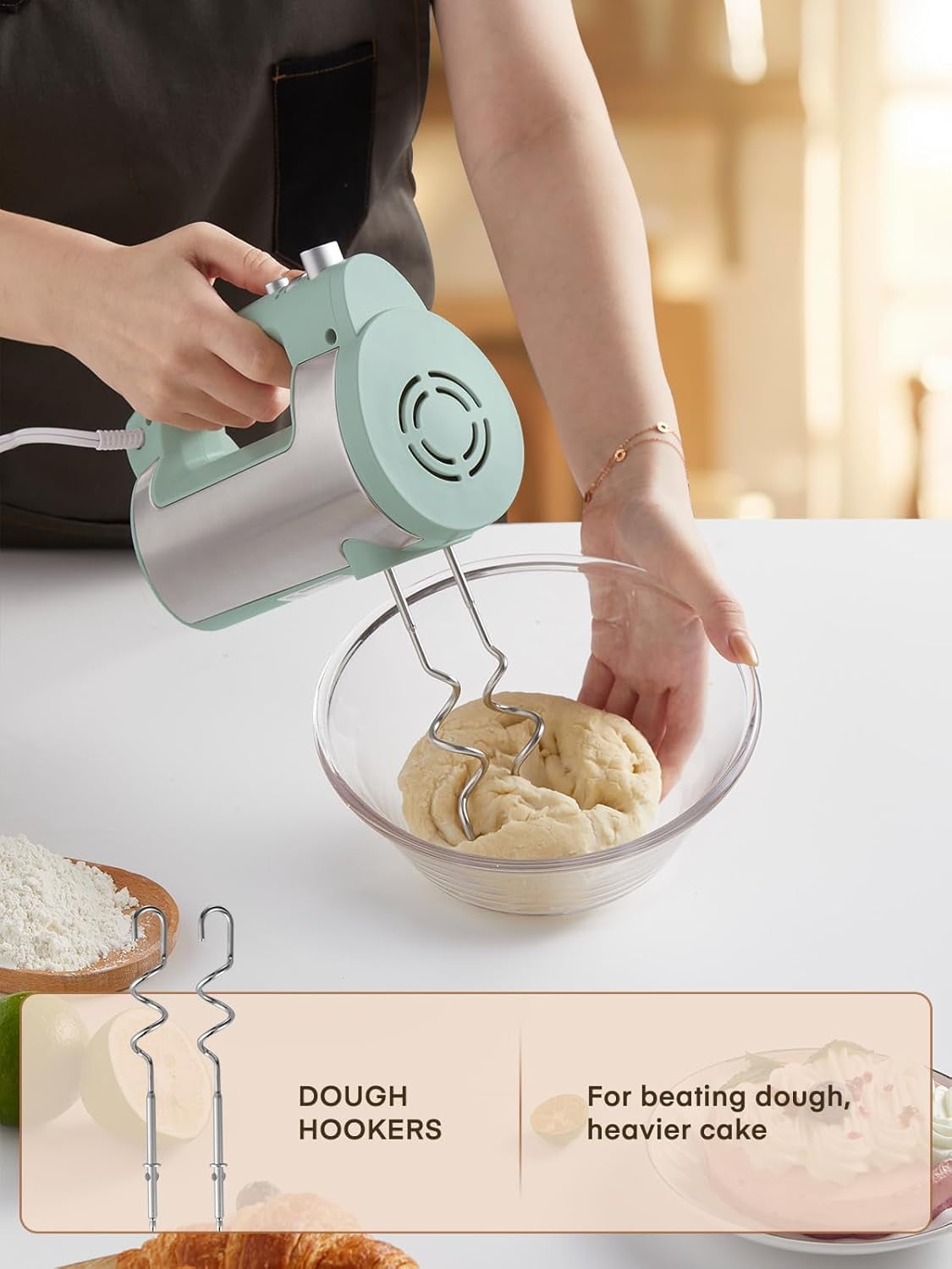 Hand Mixer Electric Handheld, 6 Speed & Turbo Mixer, 300W Handheld with 2 Stainless Steel Whisk and Dough Hook for Whipping, Mixing Cookies, Brownie, Cakes, Batters, Green