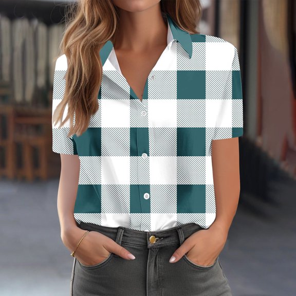 QUNYINEY Short Sleeve Button Down Shirts for Women Trendy Casual Plaid Collared Blouses Loose Office Women Blouses