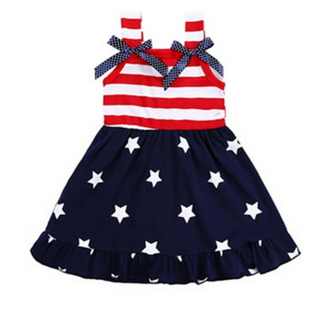 

Toddler Kids Baby Girls 4th of July Outfit Straps Bowknot Stars Striped Ruffle Tutu Dress Independence Day Clothes Sundress