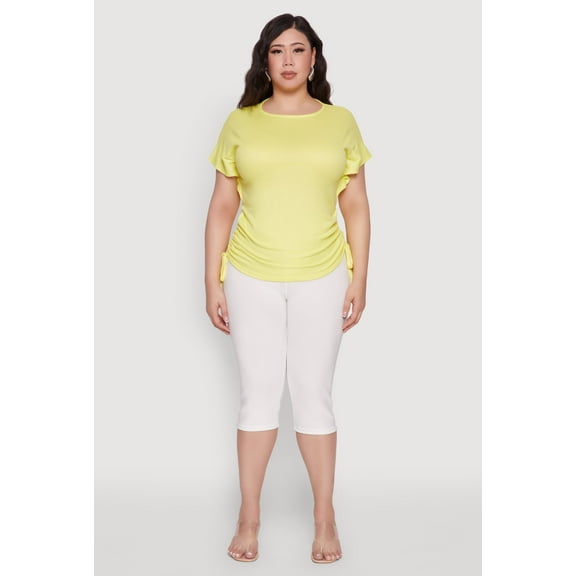 Womens Plus Size Drawstring Side Flutter Sleeve Top