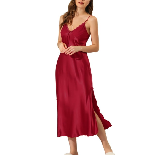 INSPIRE CHIC Nuisettes en Satin pour Femmes Col en V Douce Chemise de Nuit Robe de Pyjama Détente Longue Robe de Nuit 2TG Rouge Vin