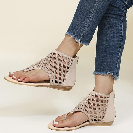 

KBODIU Summer Flat Sandals Women Mothers Day Gifts Beach Rhinestone Hollow Zipper Open Toe Shoes Beige Size 41